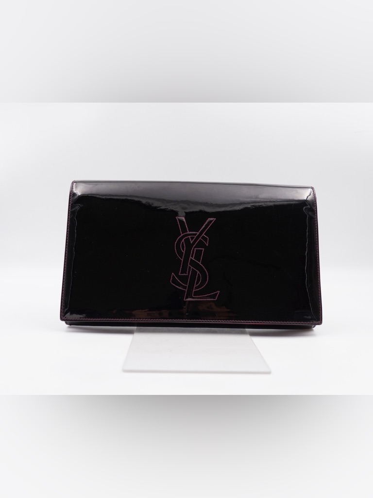 Yves Saint Laurent Black Patent Clutch With Purple Stitching
